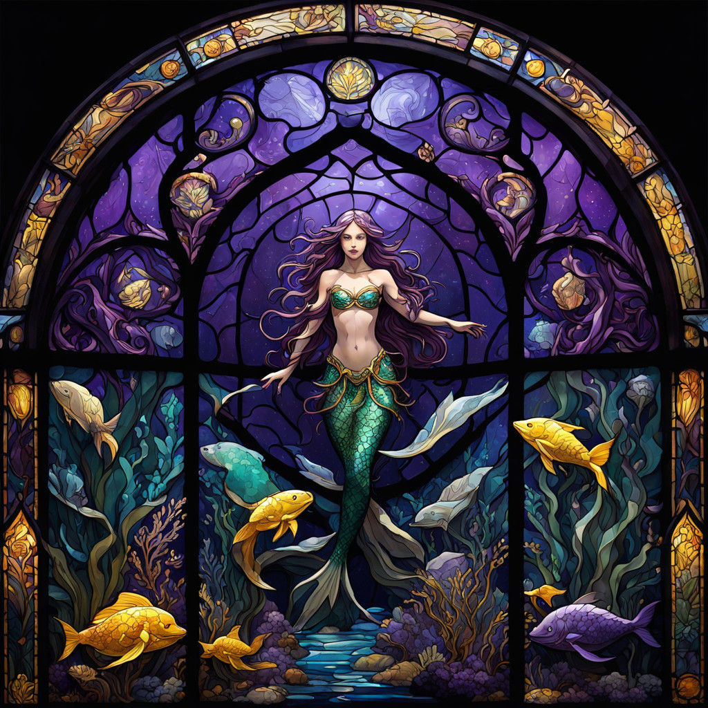 Vibrant Dark Fantasy Stained Glass Mermaid