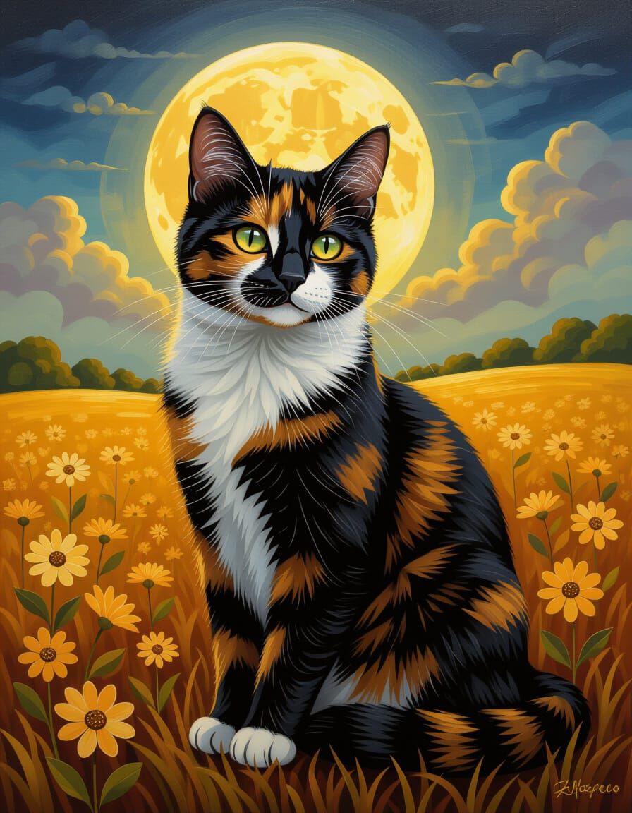 Tortoiseshell Cat in Golden Landscape Oil Painting