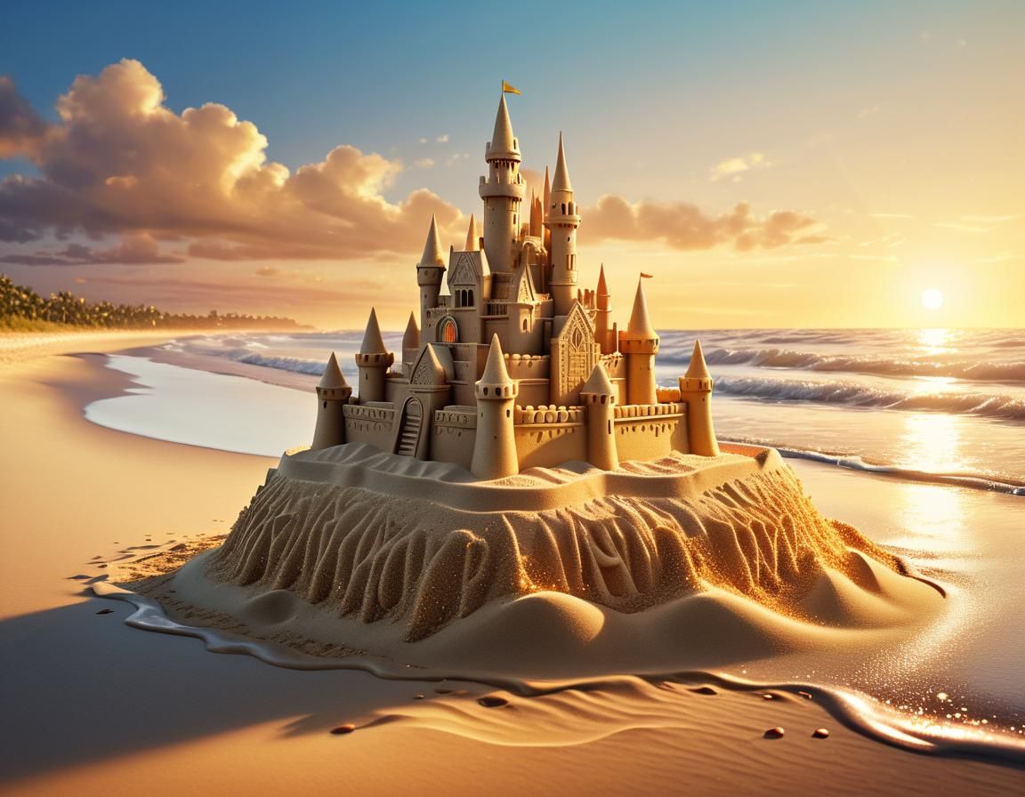 Intricately Detailed Sandcastle at Sunset: Digital Art