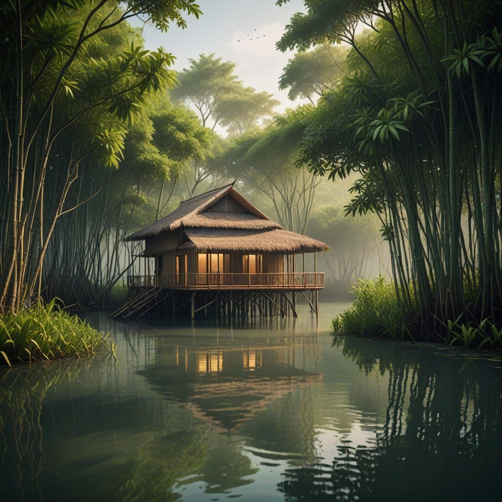 Surreal Floating Bamboo Oasis in Jamaican Mangrove Forest