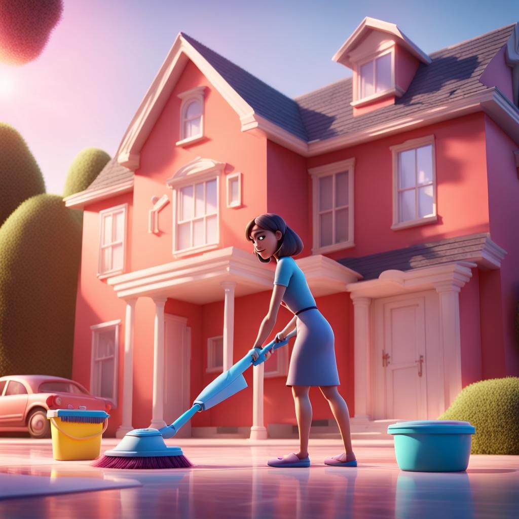 Woman Cleaning Modern House in 3D Style