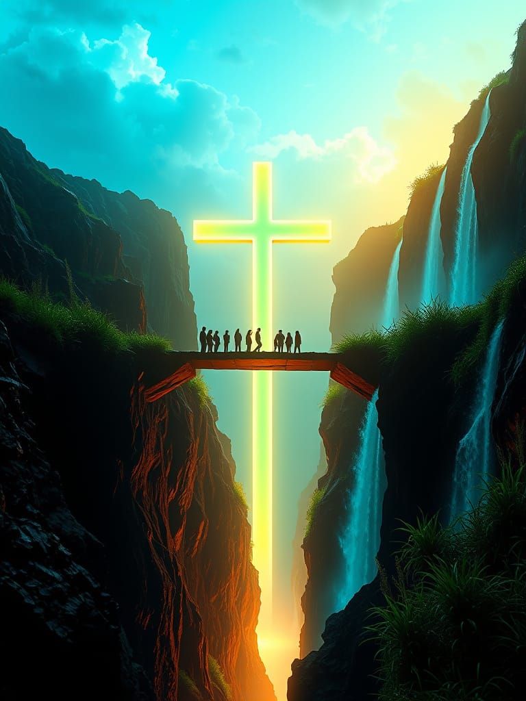 Glowing Cross Bridge Between Worlds in Art Nouveau Style