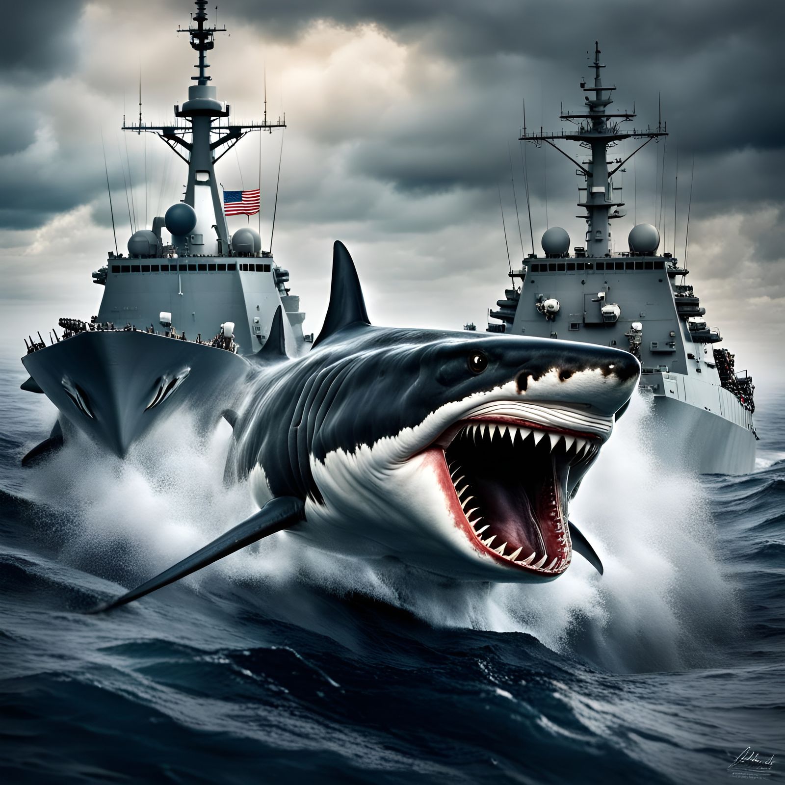 Megalodon Attacks US Navy Destroyer: Hyperrealistic Seascape