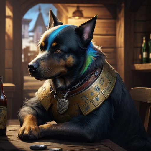 Dog Enters Tavern: Hyperrealistic Splash Art