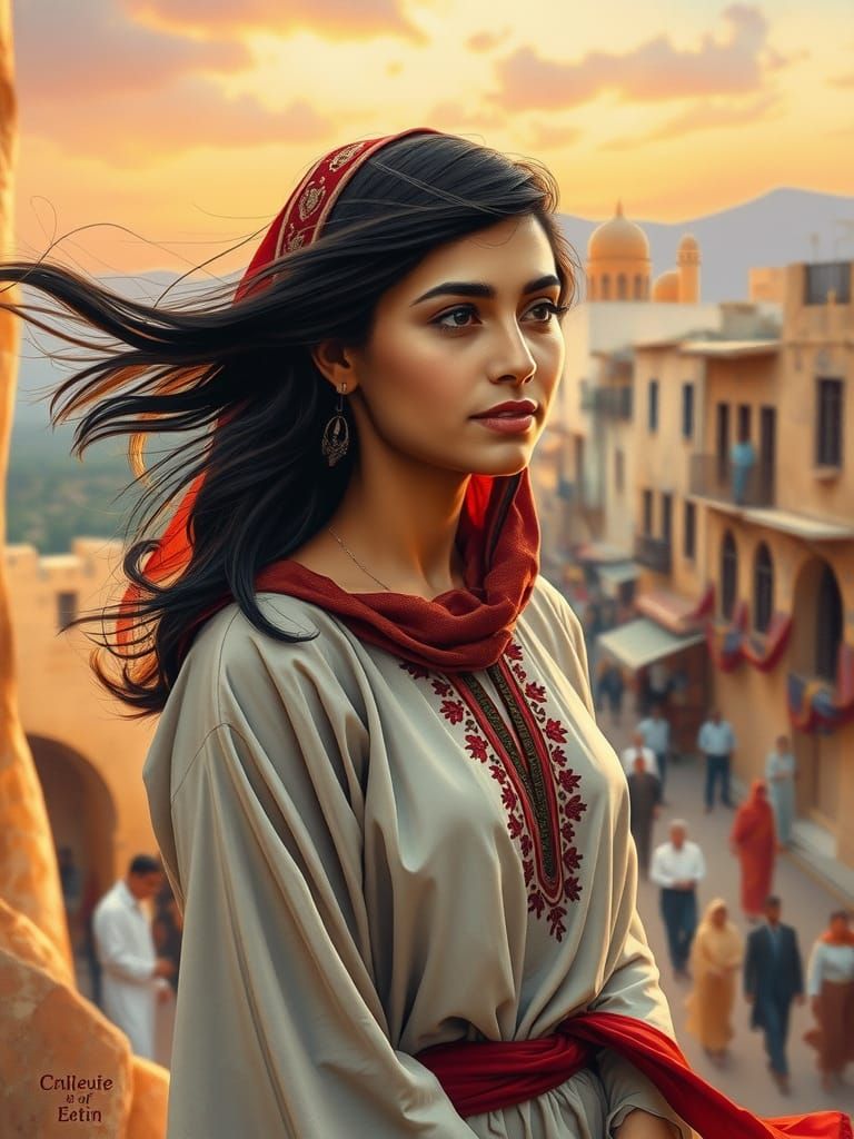 Palestinian Woman Portrait in Watercolor Style