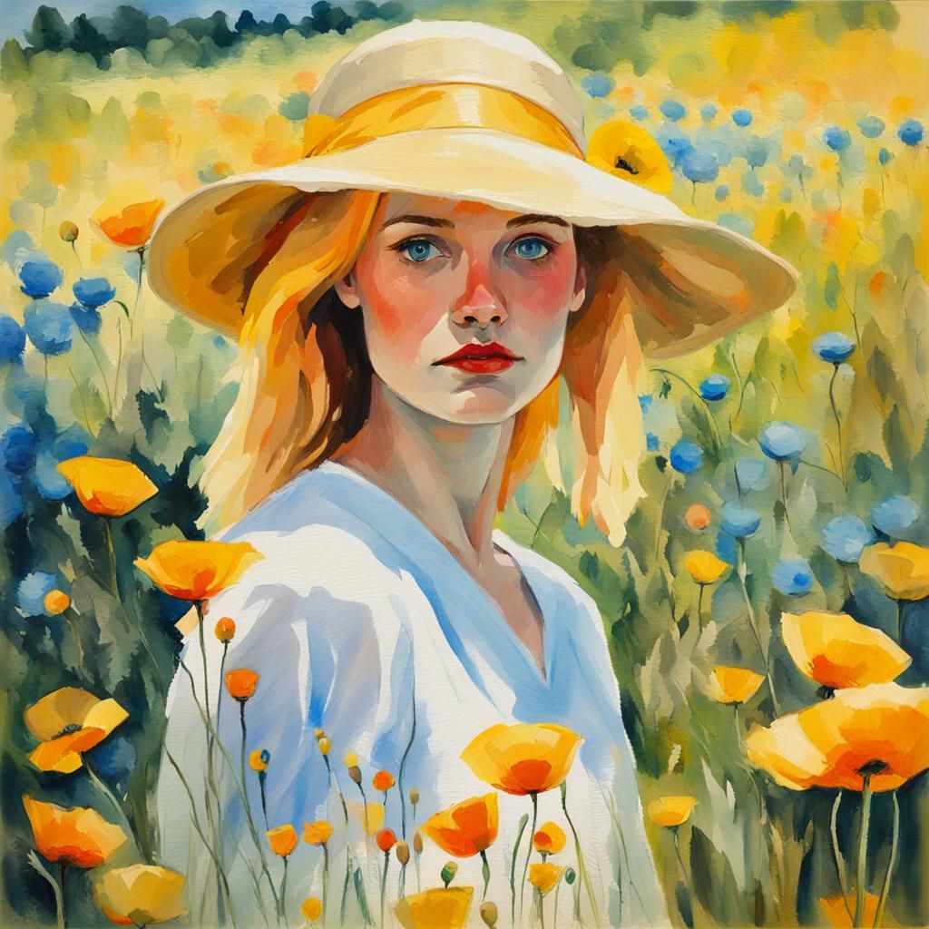 Impressionist Woman with Poppies Watercolor Painting