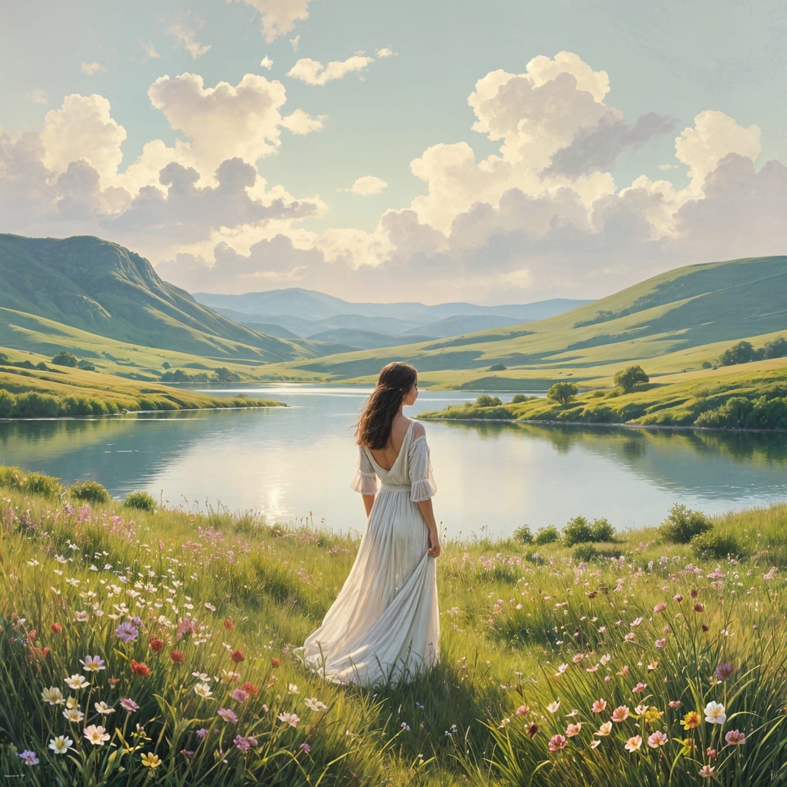 Dreamlike Pastel Landscape with Rolling Hills and Water