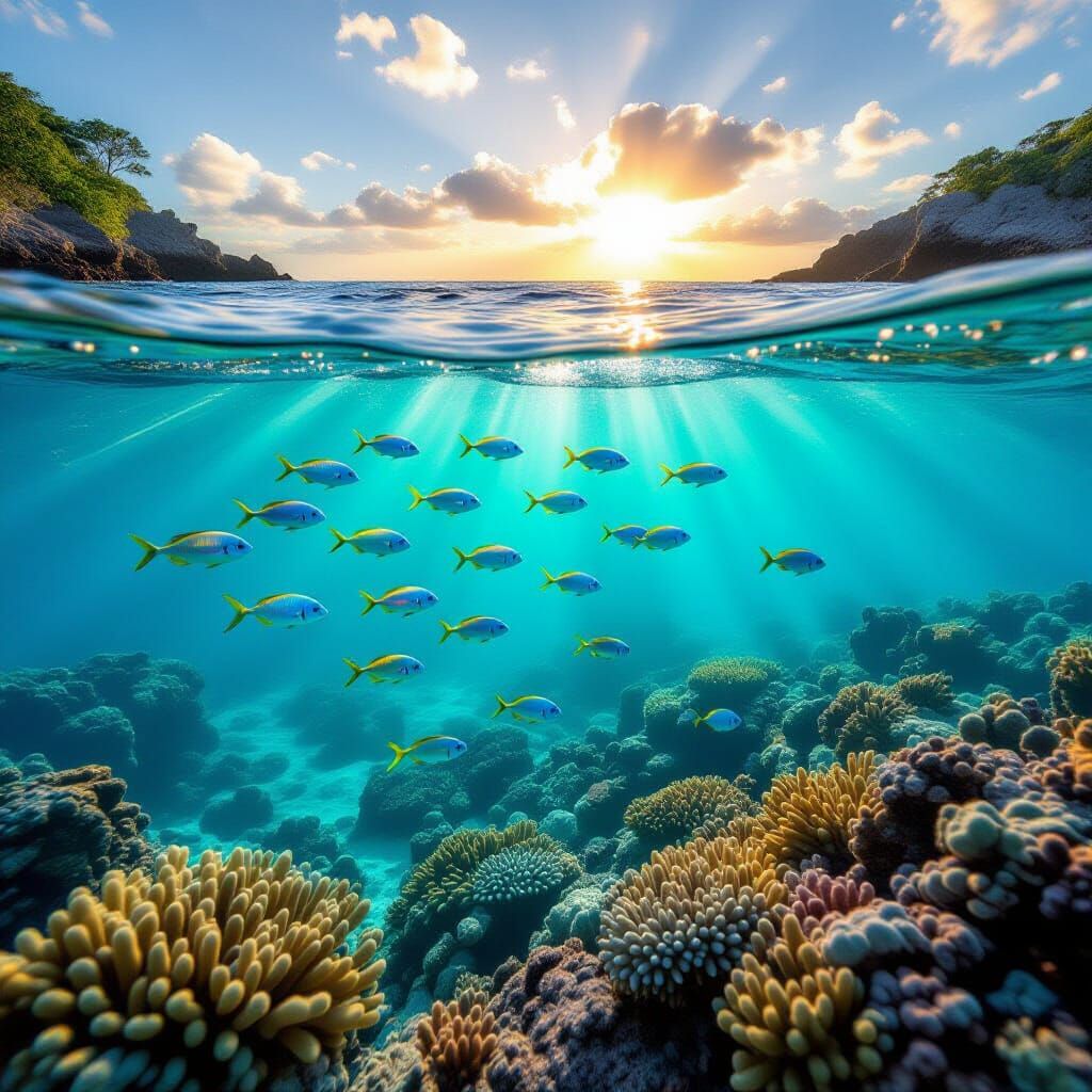 Vibrant Coral Reef With Fish Leaping at Golden Hour