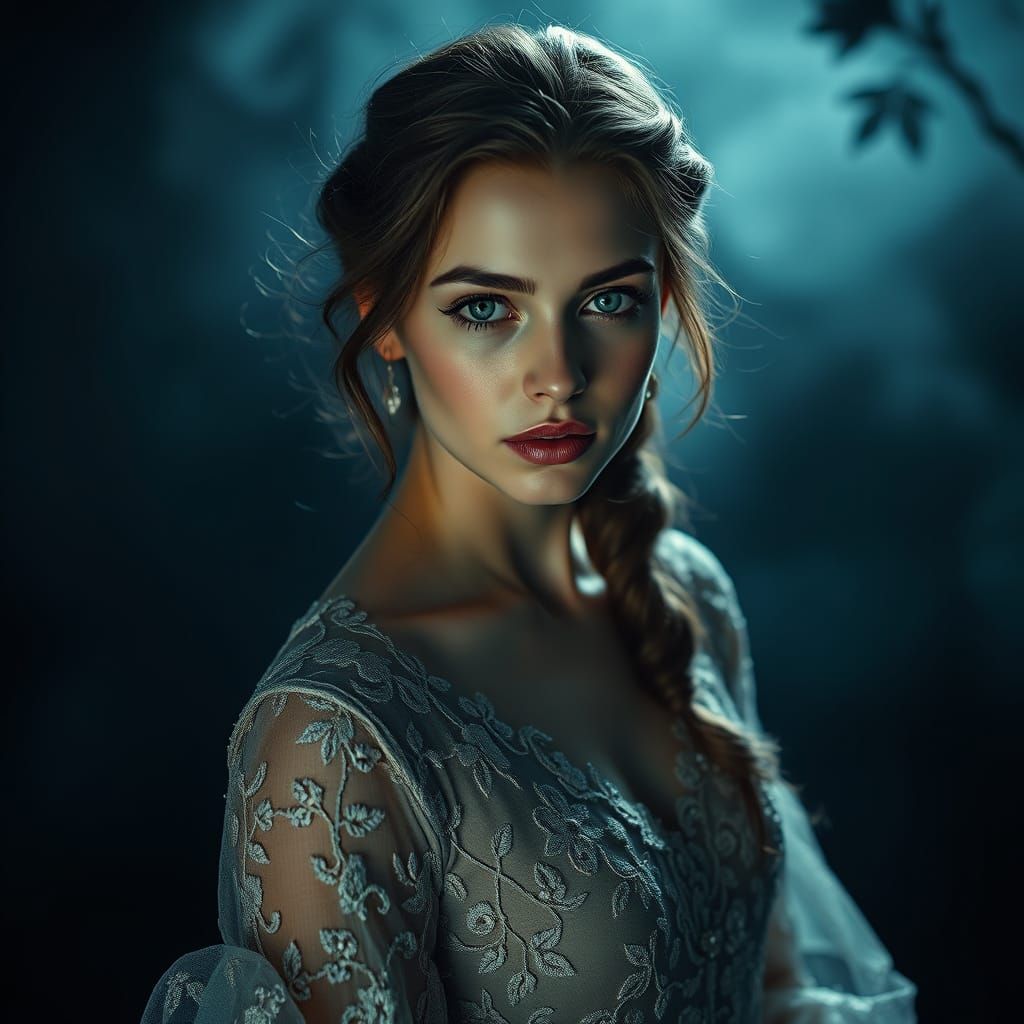 Ethereal Woman in Lavish Gown Amidst Foggy Atmosphere