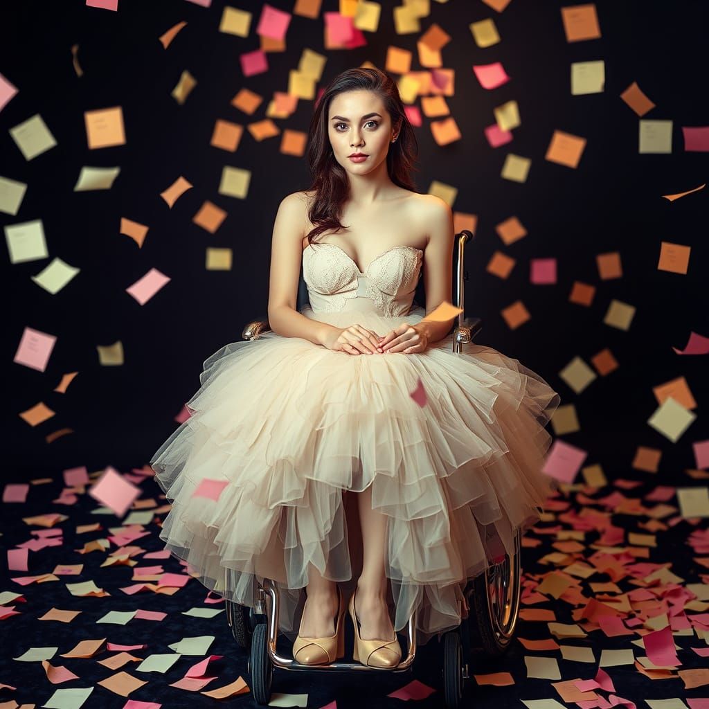 Ethereal Woman in Tulle Skirt Amidst Post-it Note Explosion