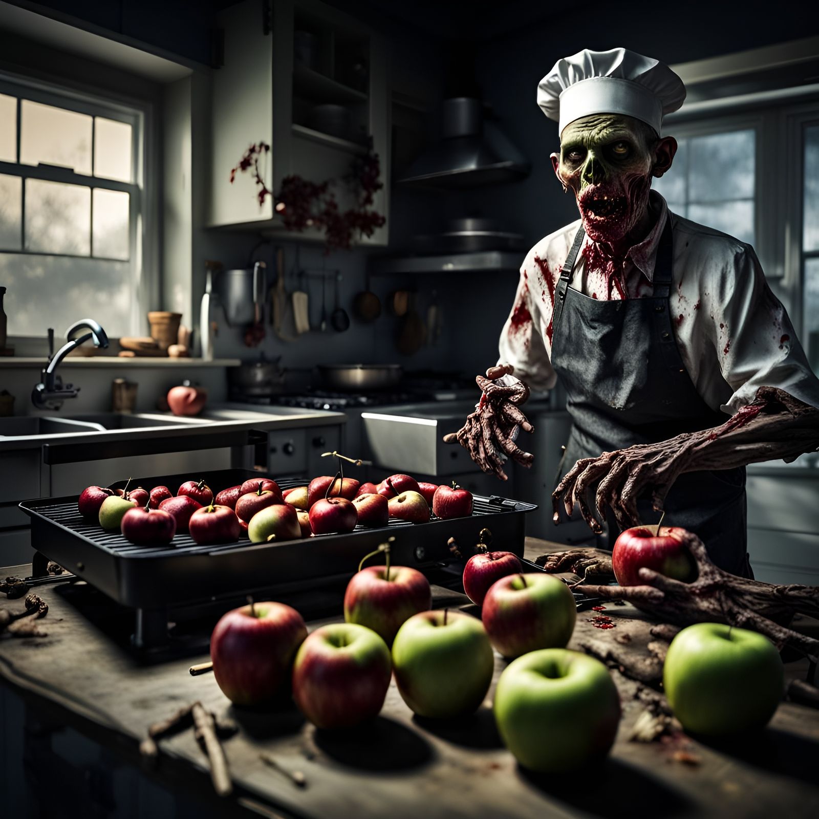 Hyperrealistic Zombie Cook in Spooky Kitchen