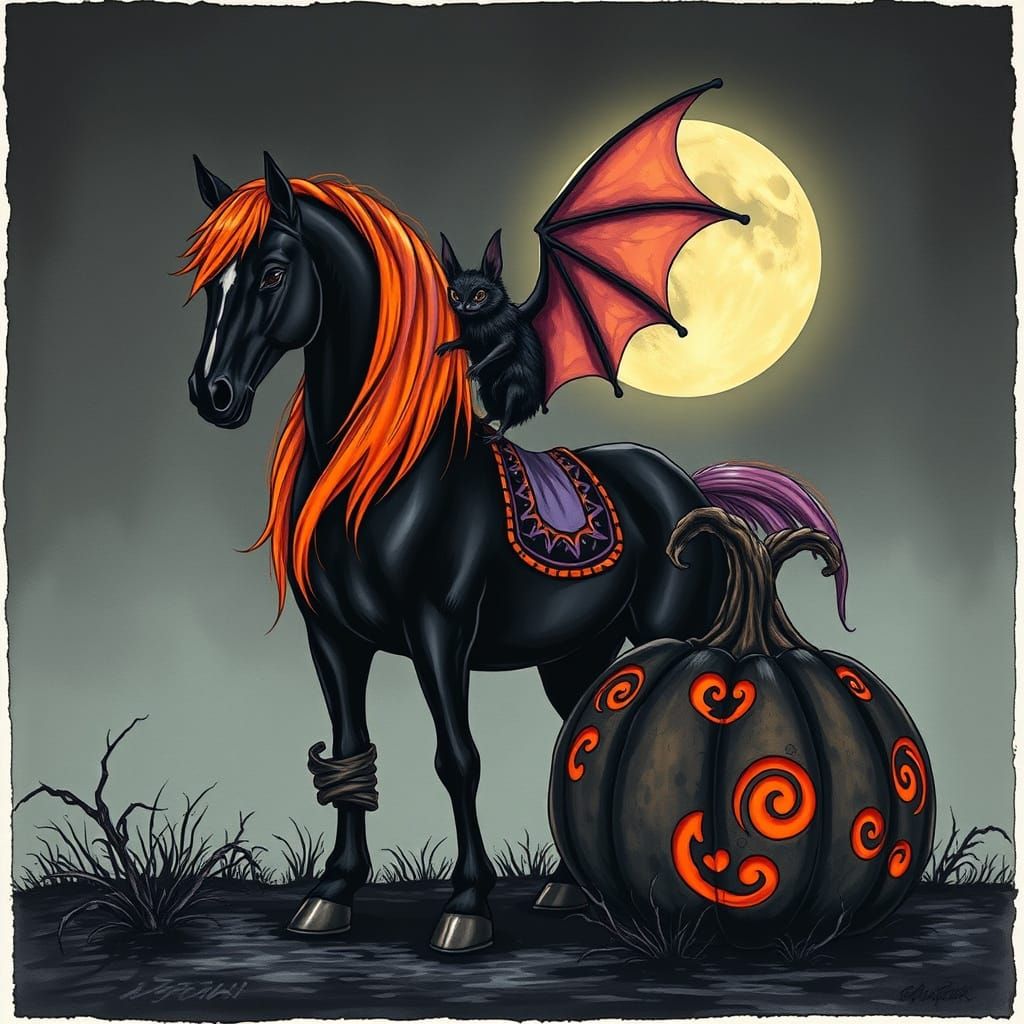 Alcohol ink of a black horse with orange and purple long man...