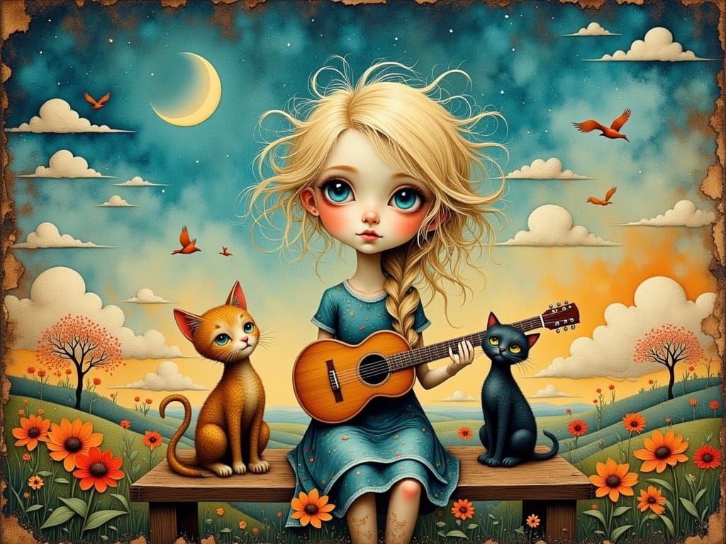 Girl Playing Guitar with Cats, Mixed Media Collage