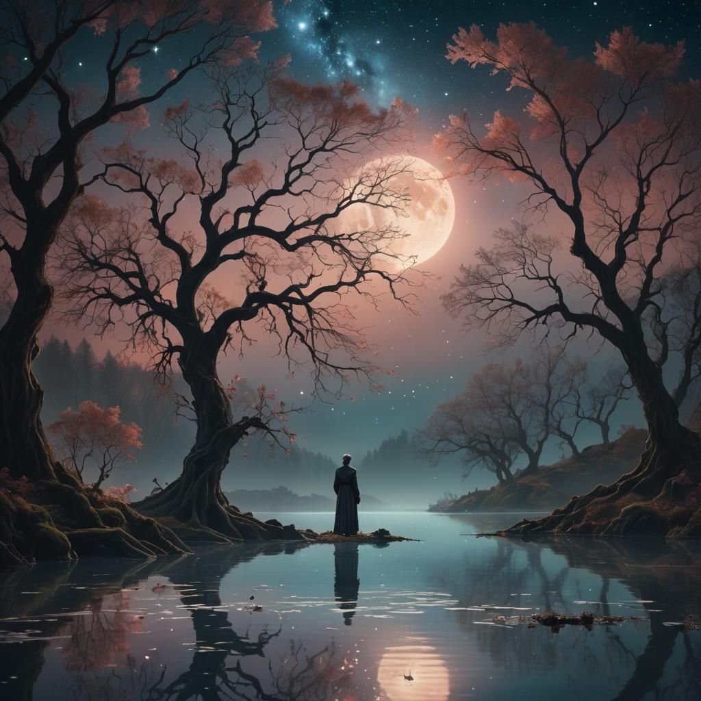 Dreamy Baroque Landscape with Lone Figure and Twisted Trees