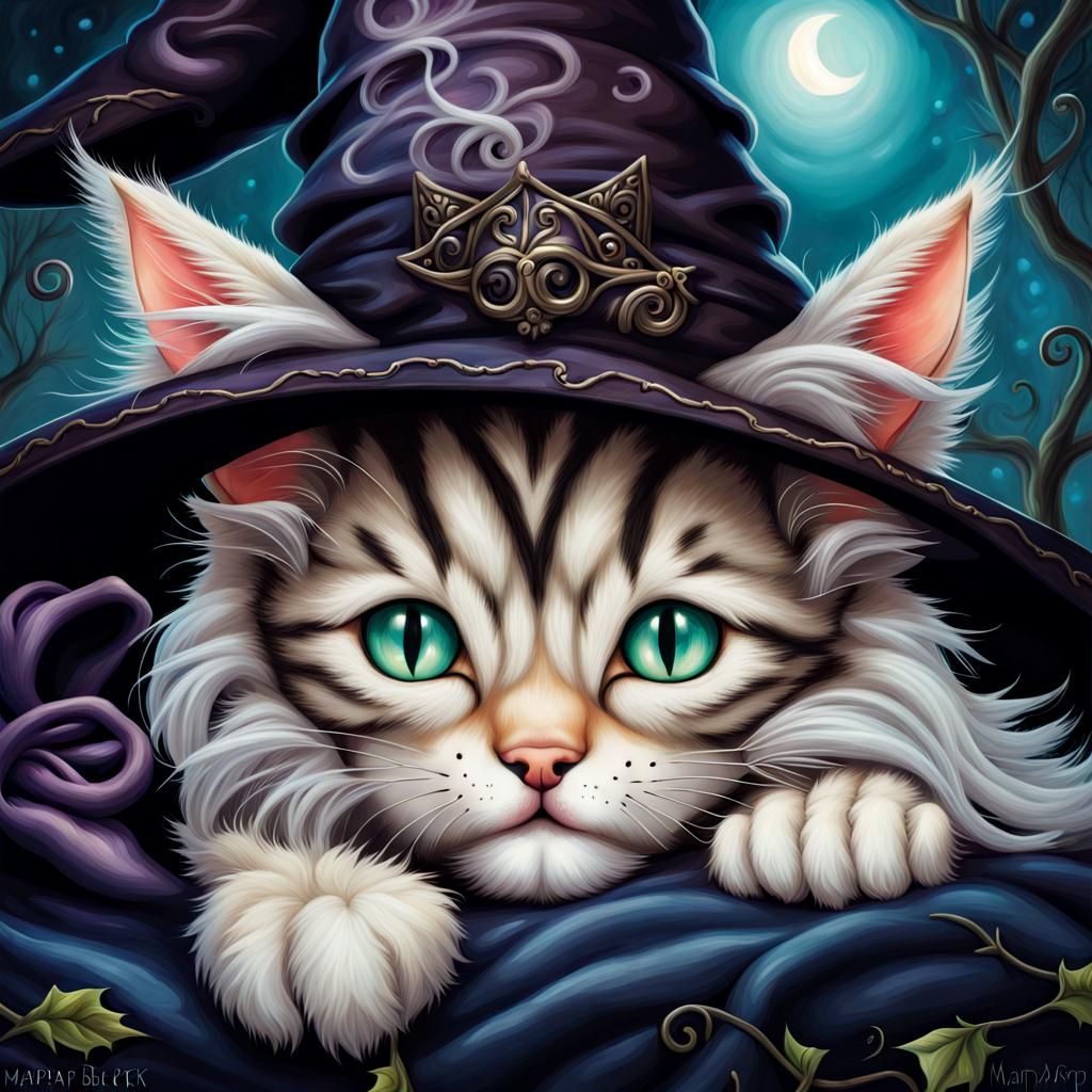 Kitten Sleeping in Witch Hat Portrait