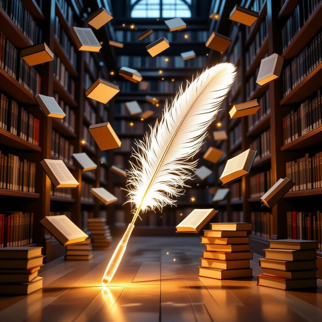 Glowing Feather Floats Through Levitating Book Library