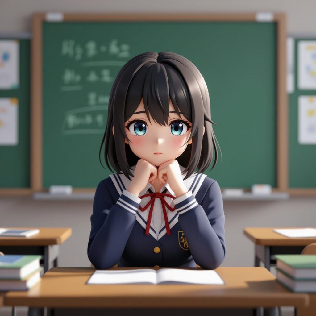 Bored Anime Girl in School Uniform: 3D Render