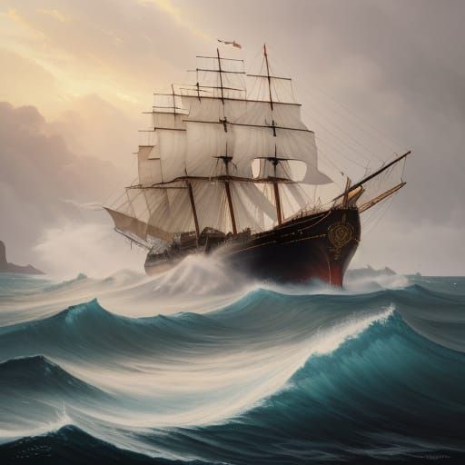 Romantic Sail Ship in Turbulent Ocean, Monochromatic Plum an...