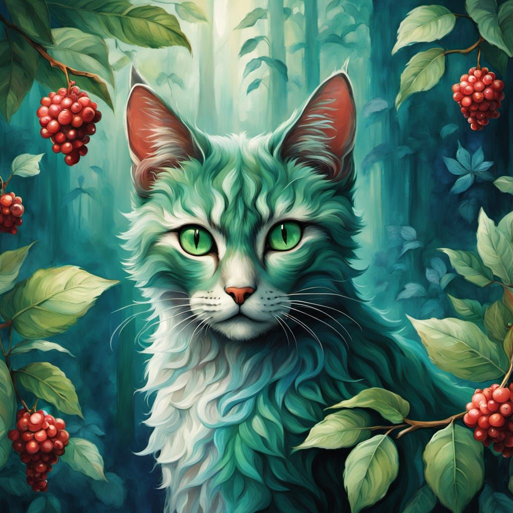 Whimsical Cat Transforms into Lingon Berries in Dreamy Water...