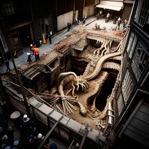 Dragon Skeleton Excavation in Tokyo: Detailed Matte Painting