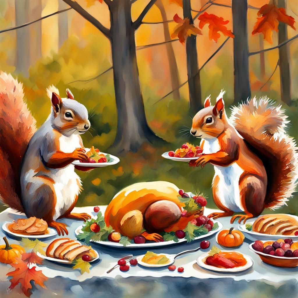 Squirrels' Thanksgiving Dinner: Gouache Impressionist Painti...