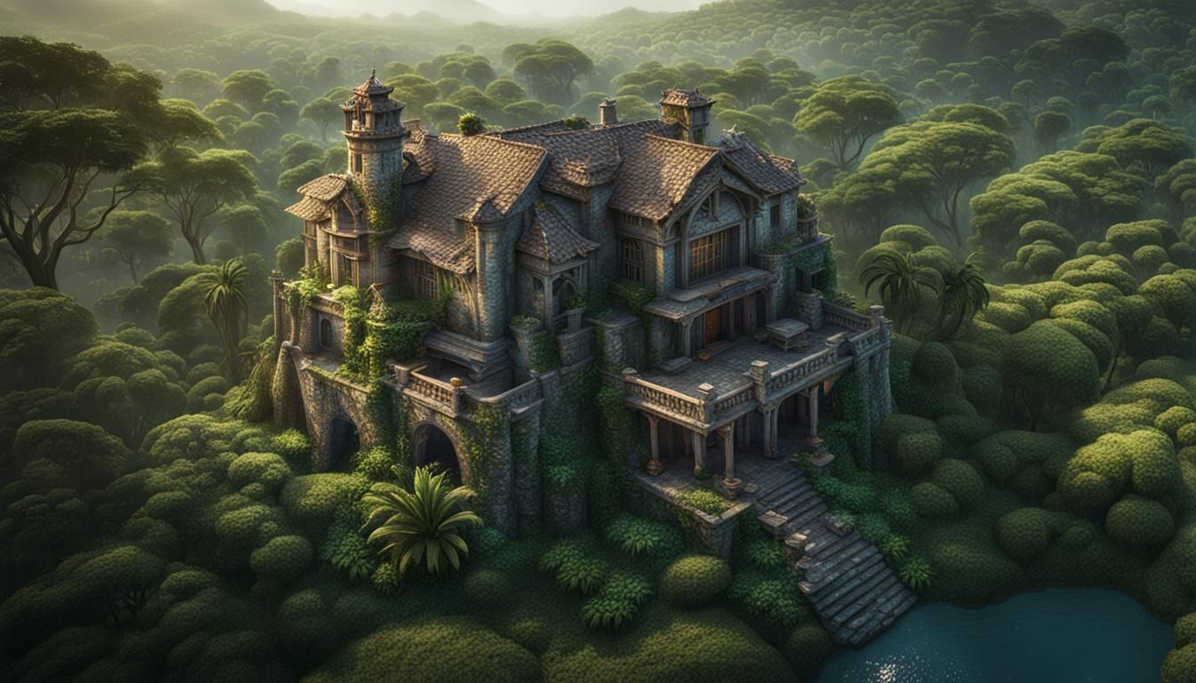 Rustic Stone House in Jungle, Aerial View