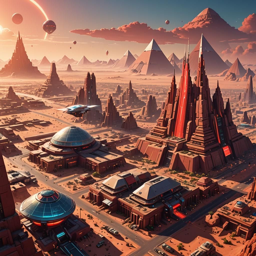 Retro-Futuristic City with Spaceport in Desert Landscape