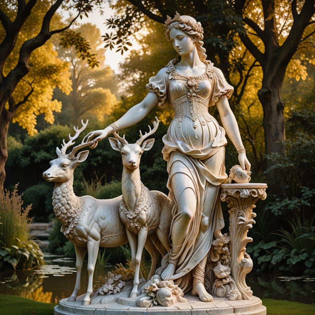 Artemis Sculpture with Deer in Baroque Style