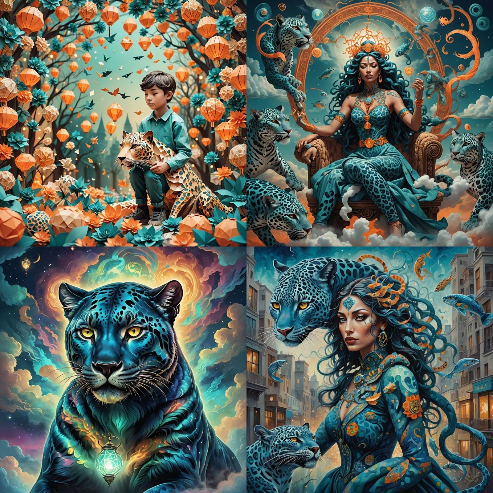 Mystical Tree with Hawks, Owls and Teal Panther