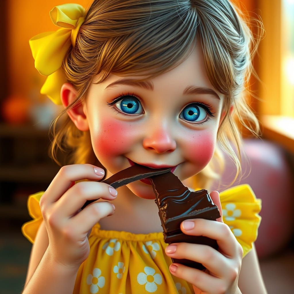 Whimsical Girl with Freckles Enjoys Rich Chocolate in a Sun-...