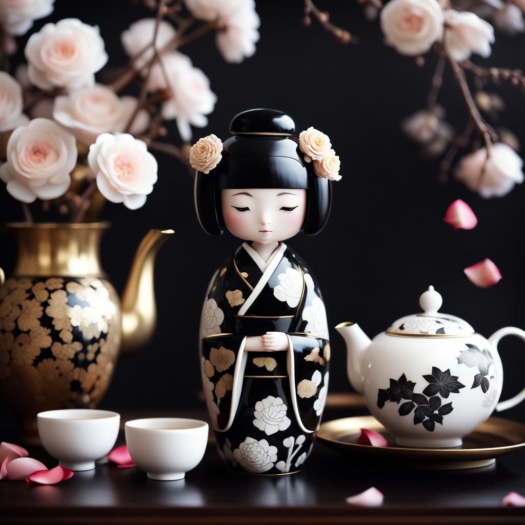 Elegant Kokeshi Doll with Tea Set in Ukiyo-e Style