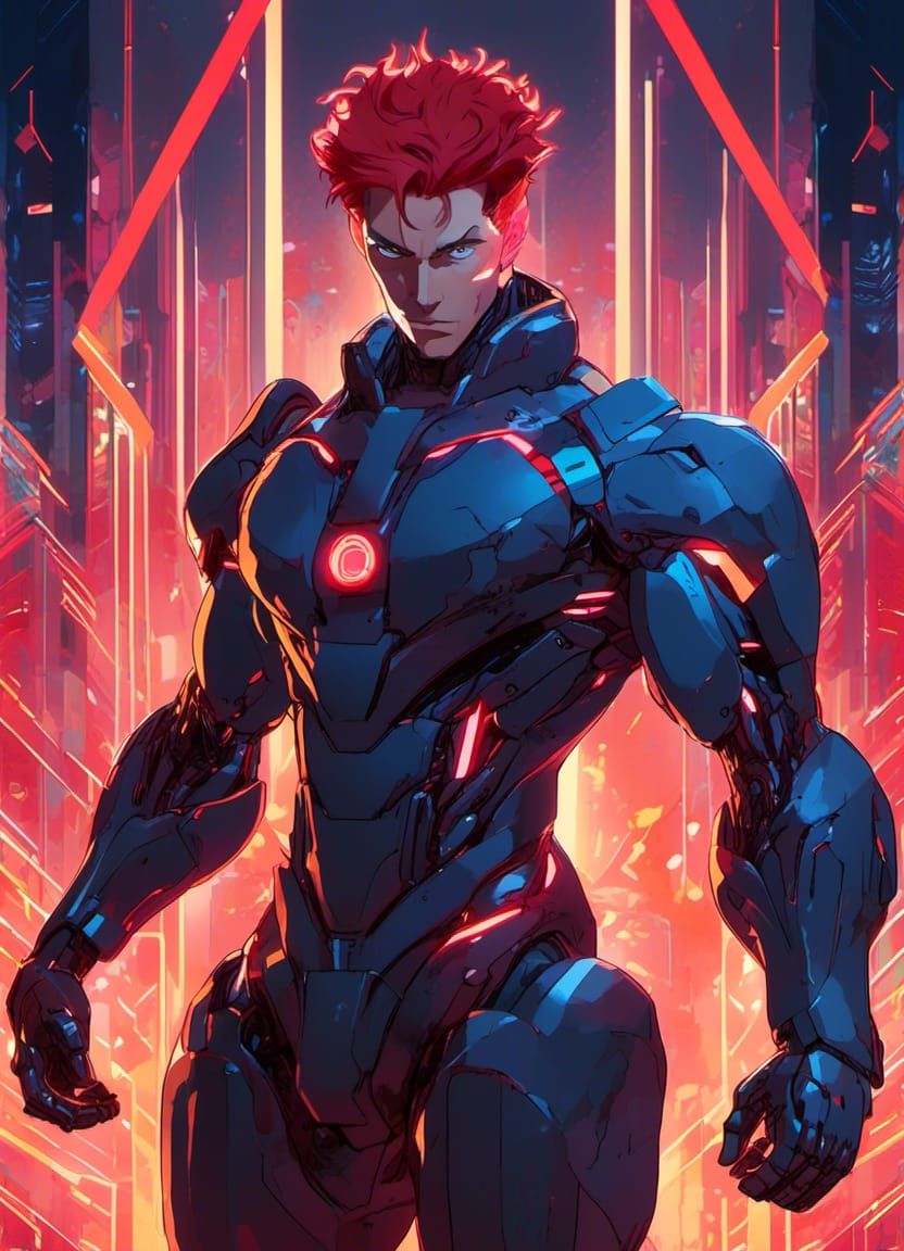 Robotic Man with Glowing Hair in Ghost in the Shell Style