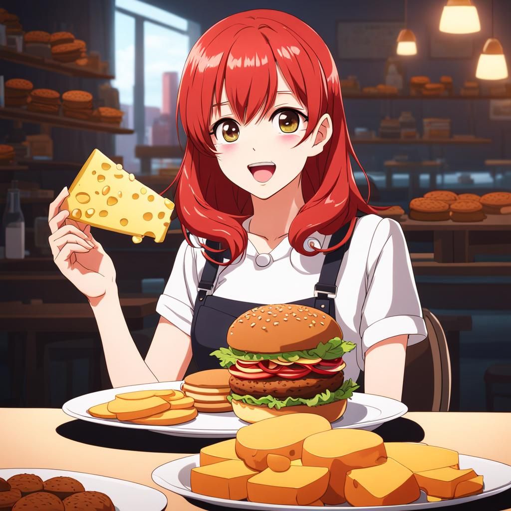 Anime Girl Enjoys a Cheeseburger