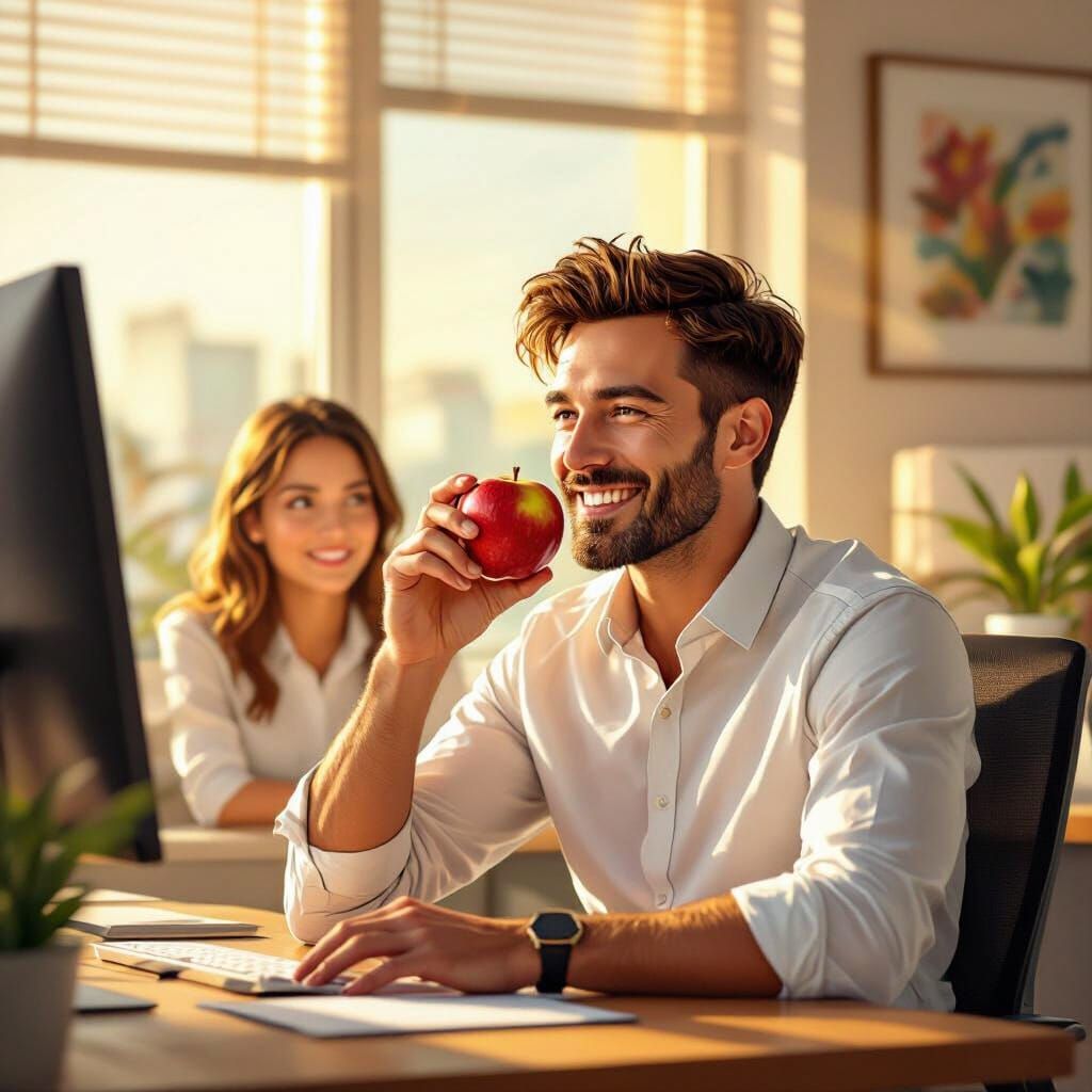 Man Bites Apple in Golden Office Light