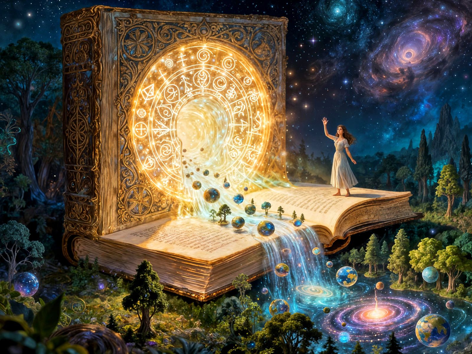 Surreal Portal Opens from Ancient Book, Woman Waves Goodbye