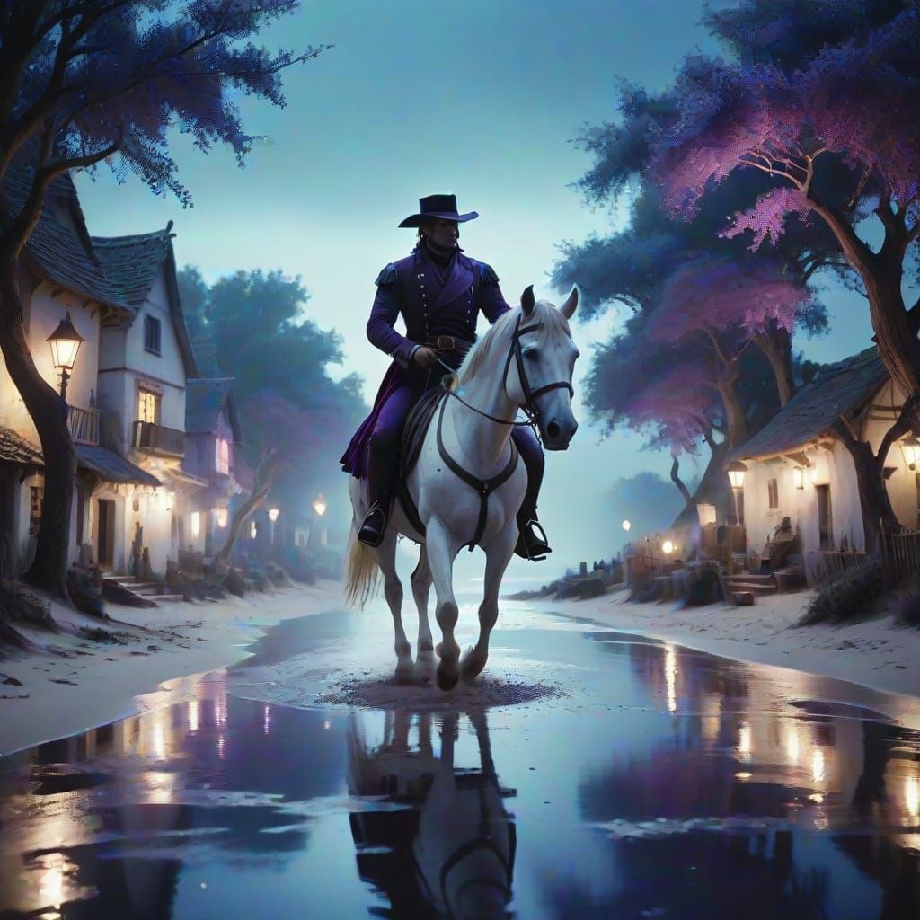 Cinematic Highwayman on White Steed at Night