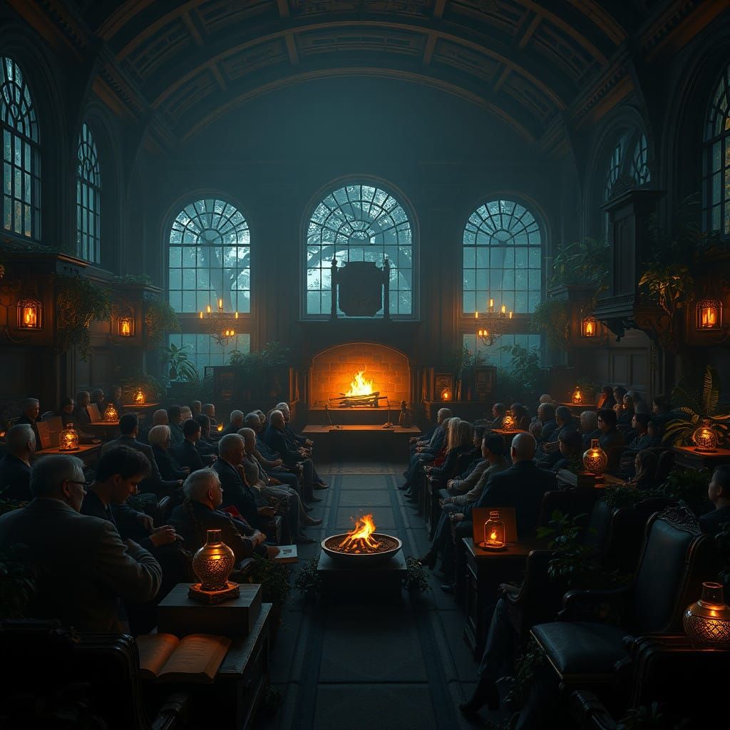 Mystical Botanical Lecture Hall under Full Moon Glow