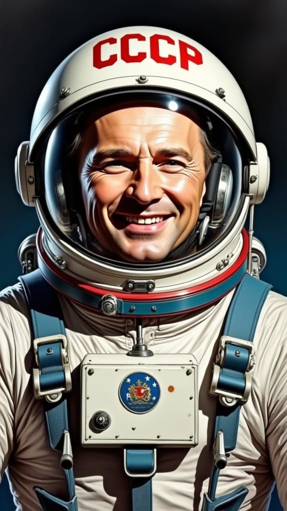 Cosmonaut Yuri Gagarin Smiles in Red CCCP Helmet