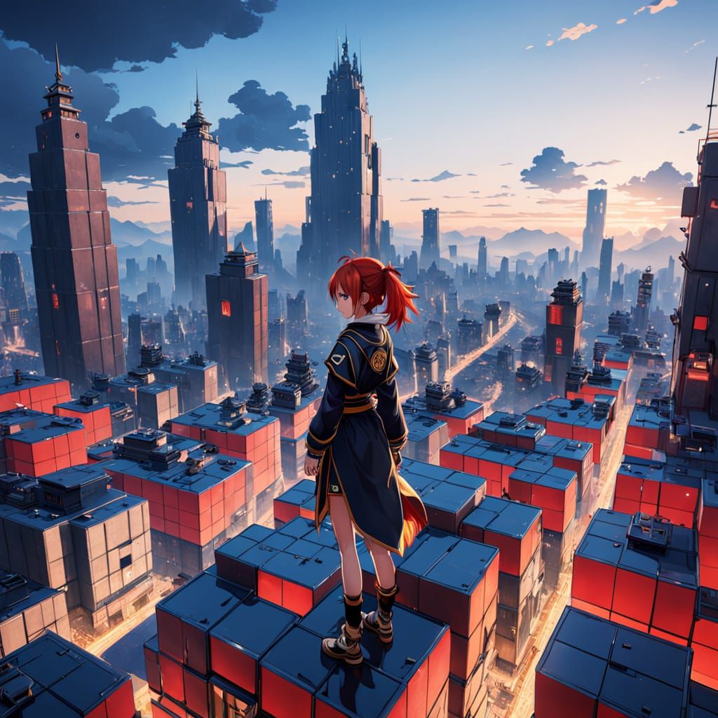 Vibrant Neon Metropolis of Cubes and Prisms in Anime Style
