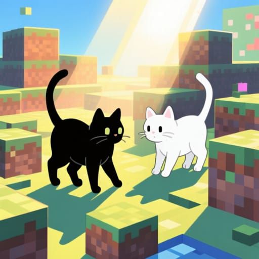 Black and White Cats Explore Pixelated World