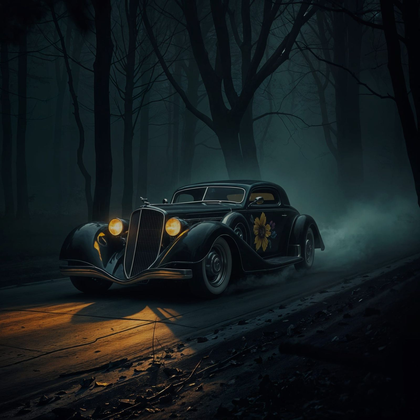 Majestic 1930s Coupe Rushing Through Foggy Forest