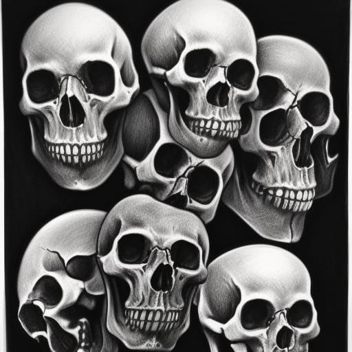 Hyperdetailed Charcoal Drawing of Skulls
