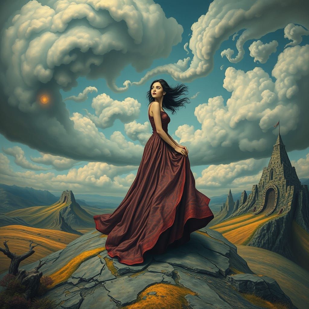 Dreamlike Woman in a Surrealist Landscape