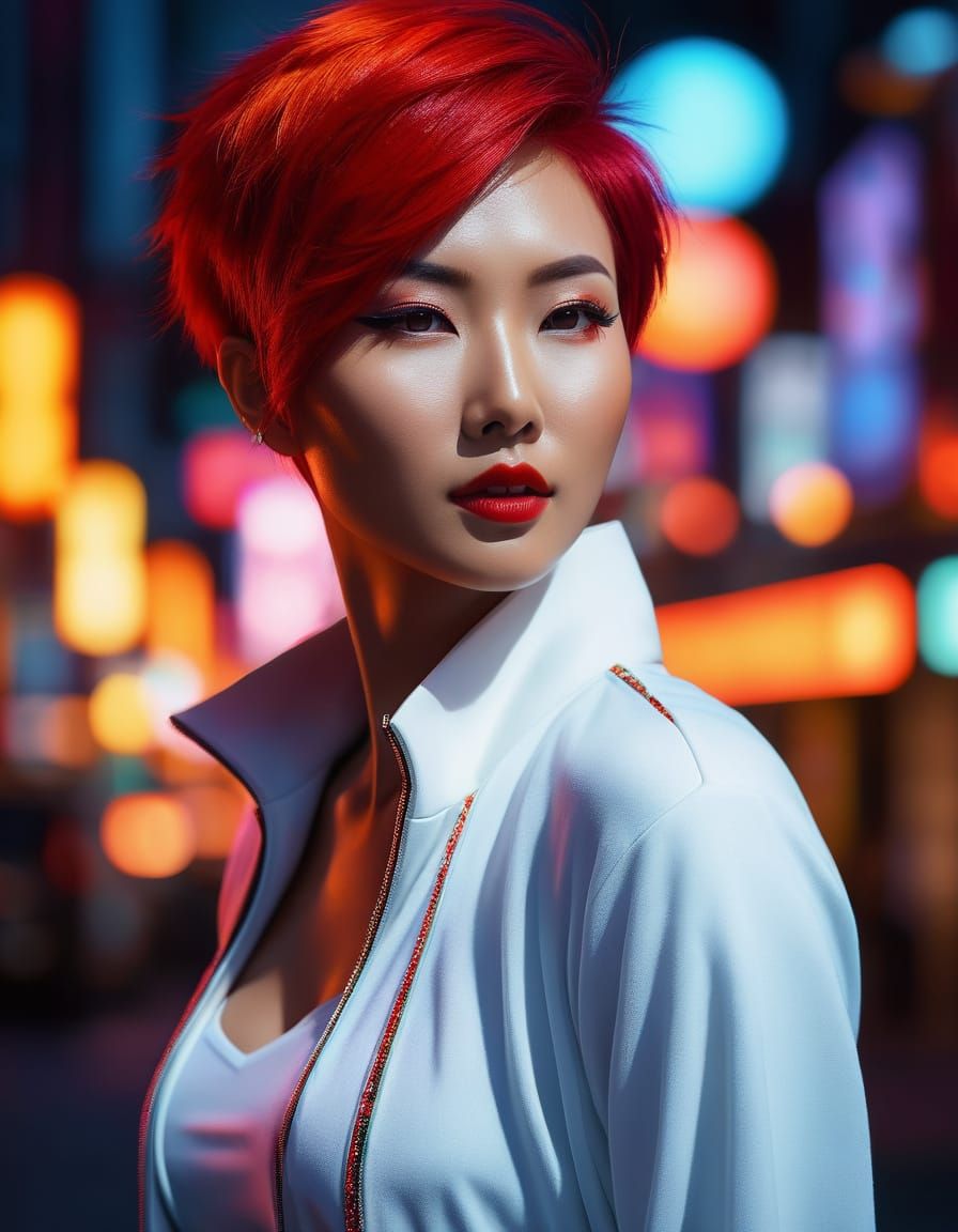 Fox Transformation: Asian Woman with Red Hair in Digital Art