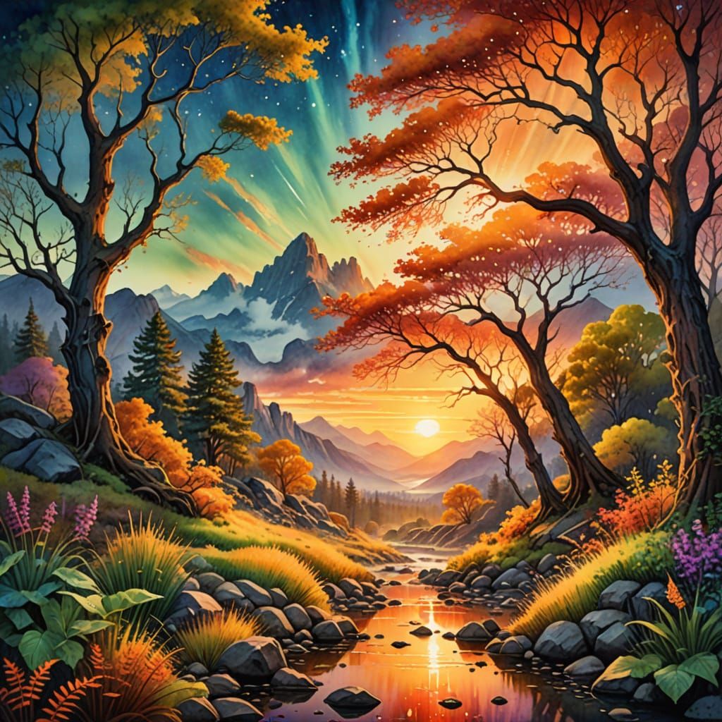 Vibrant Watercolor Sunset Landscape with Luminescent Particl...