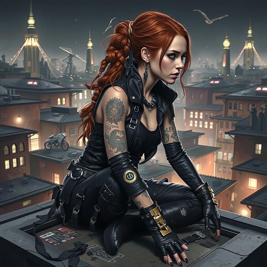 Red-Haired Assassin in Dark Futuristic Alleyway