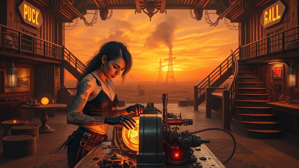 Punk Rocker in Post-Apocalyptic Saloon, as Gouache Watercolo...