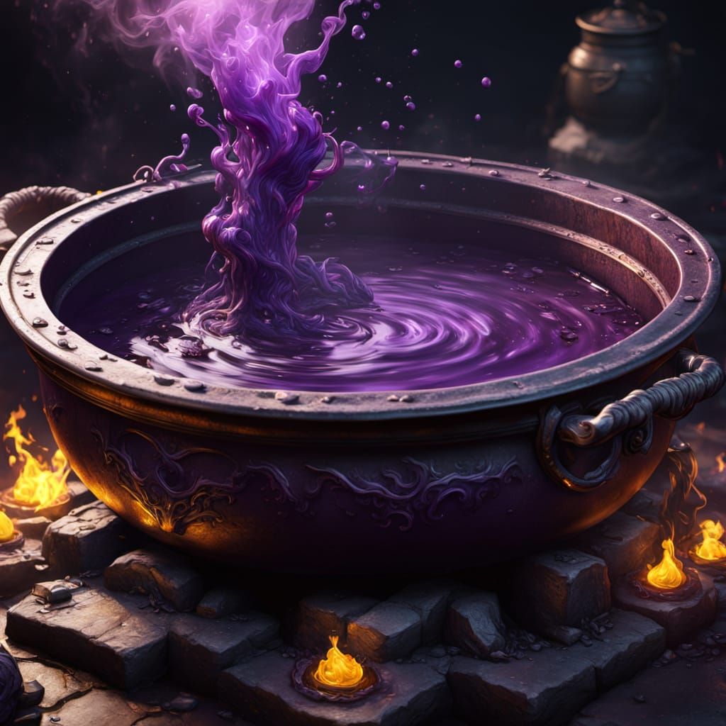 Cauldron filled with a boiling purple liquid 67