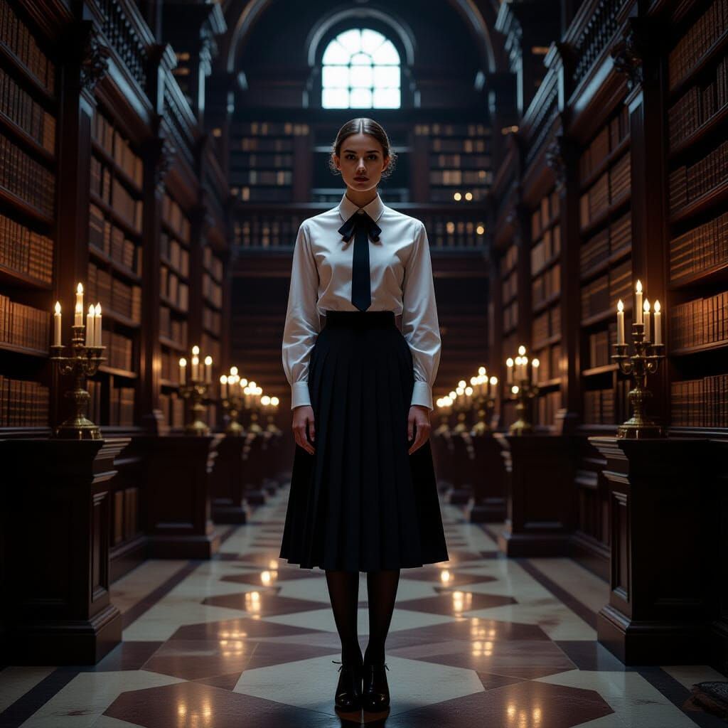 Baroque Library With Figure In Cinematic Style