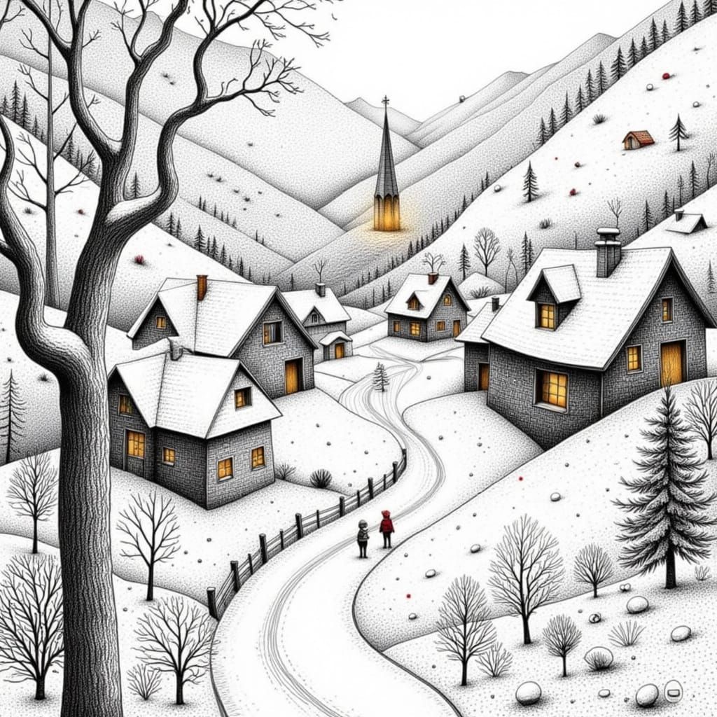 Surreal Village Scene in Pencil Sketch Style